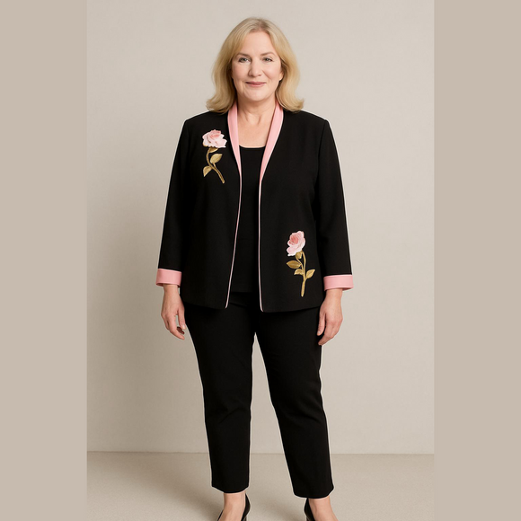 Jessica Howard Jackets & Blazers - Vintage Jessica Howard Black and Pink Blazer with Floral Accents.P2P 24” SIZE 16